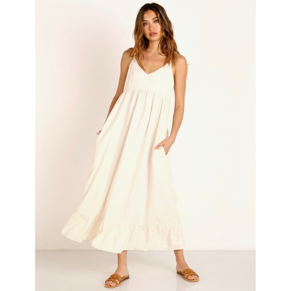 LACAUSA Raw Silk Indio Maxi Dress  Medium Natural V-Neck Ruffle‎ Hem Pockets